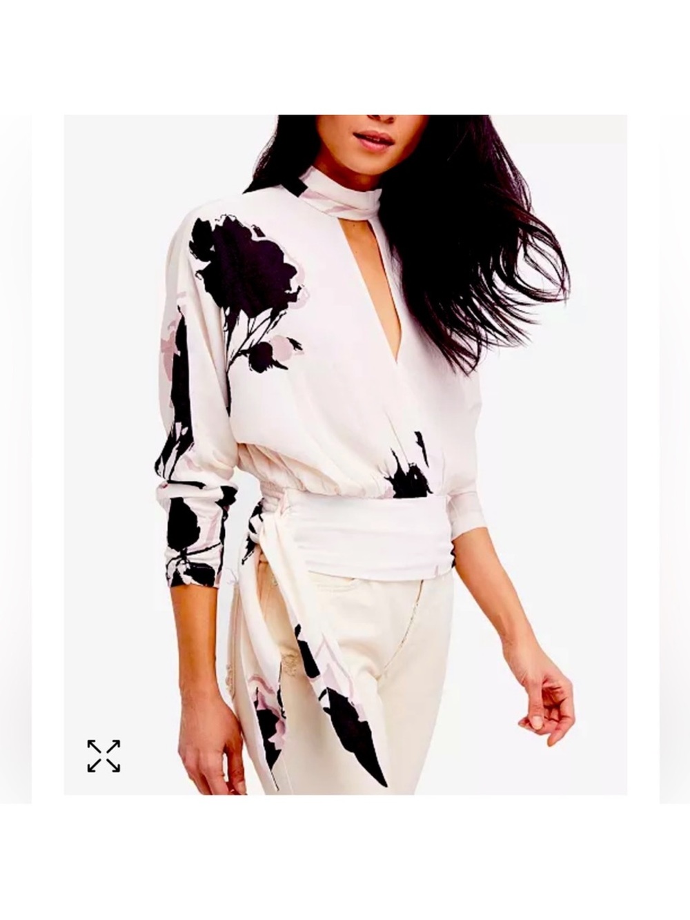 Free People Cream Wrap Blouse with Black Floral Print